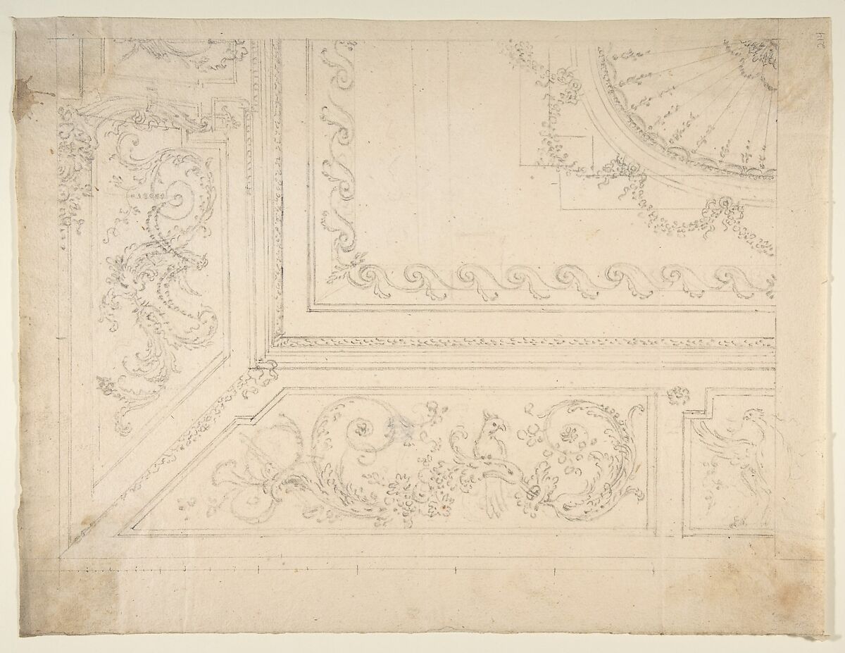 Design for Ceiling, Workshop of Leonardo Marini (Italian, Piedmontese documented ca. 1730–after 1797), Graphite or leadpoint with ruled and compass construction 