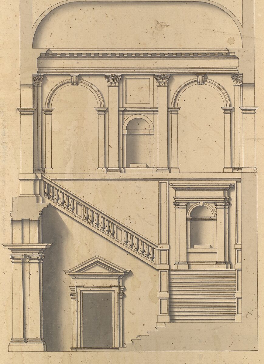 Architectural Design in Section, Workshop of Leonardo Marini (Italian, Piedmontese documented ca. 1730–after 1797), Pen and black ink, brush with gray-black wash, with ruled and compass construction