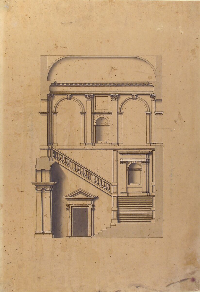 Architectural Design in Section, Workshop of Leonardo Marini (Italian, Piedmontese documented ca. 1730–after 1797), Pen and black ink, brush with gray-black wash, with ruled and compass construction