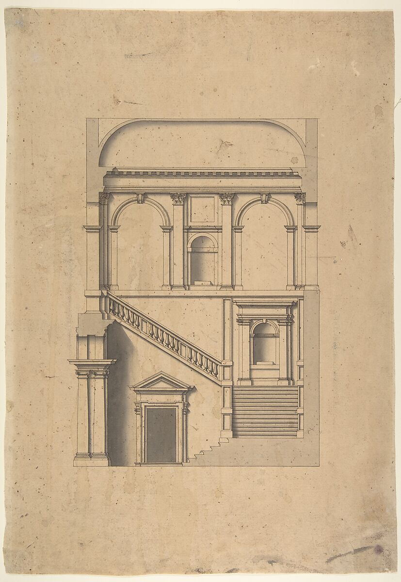 Architectural Design in Section, Workshop of Leonardo Marini (Italian, Piedmontese documented ca. 1730–after 1797), Pen and black ink, brush with gray-black wash, with ruled and compass construction 