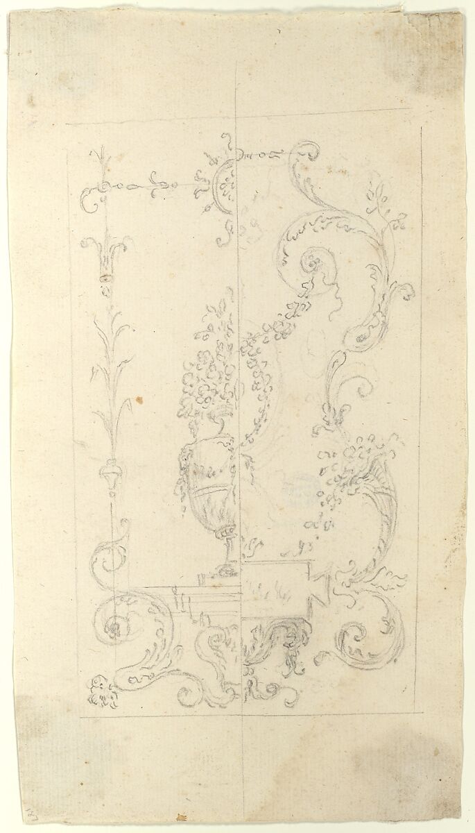 Design for a Cartouche with garlands and antique vase, Workshop of Leonardo Marini (Italian, Piedmontese documented ca. 1730–after 1797), Graphite or leadpoint with ruled and compass construction