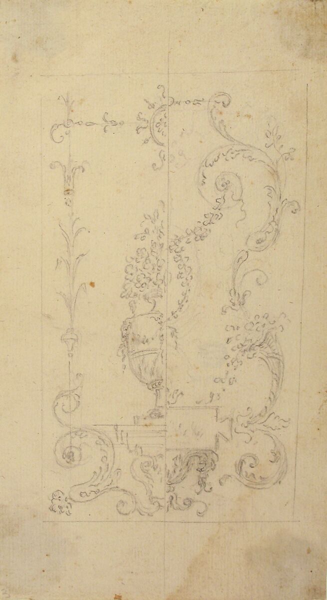 Design for a Cartouche with garlands and antique vase, Workshop of Leonardo Marini (Italian, Piedmontese documented ca. 1730–after 1797), Graphite or leadpoint with ruled and compass construction