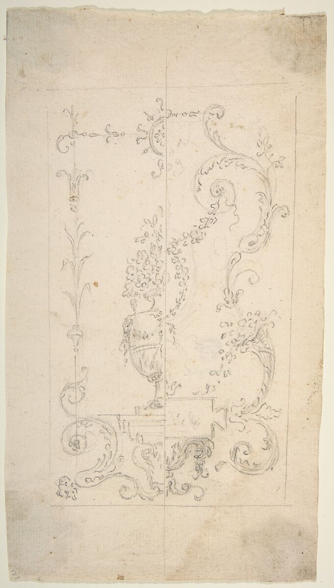 Design for a Cartouche with garlands and antique vase, Workshop of Leonardo Marini (Italian, Piedmontese documented ca. 1730–after 1797), Graphite or leadpoint with ruled and compass construction 