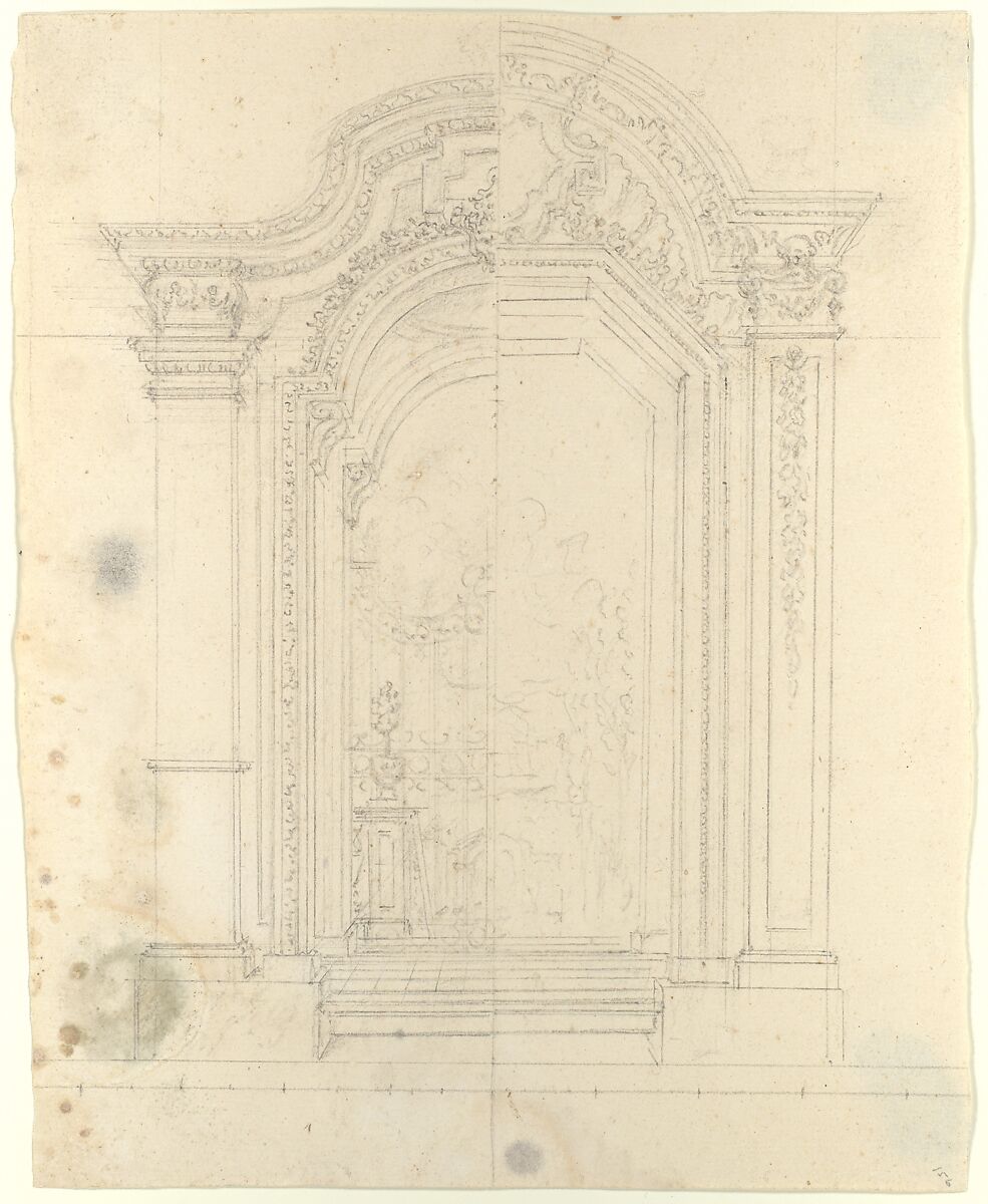 Design for Stage Set, Workshop of Leonardo Marini (Italian, Piedmontese documented ca. 1730–after 1797), Graphite or leadpoint with ruled and compass construction