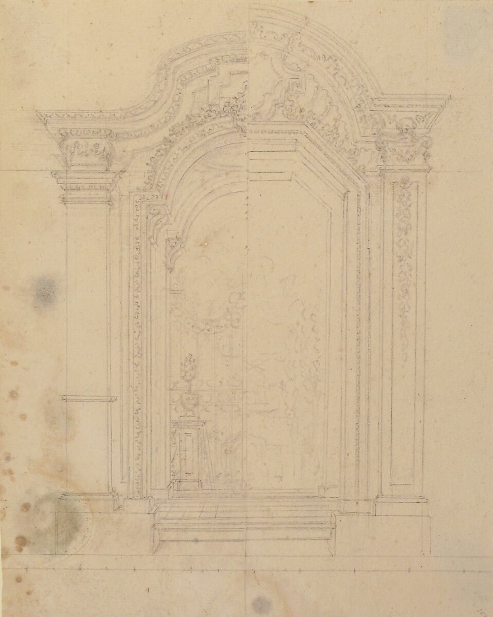 Design for Stage Set, Workshop of Leonardo Marini (Italian, Piedmontese documented ca. 1730–after 1797), Graphite or leadpoint with ruled and compass construction