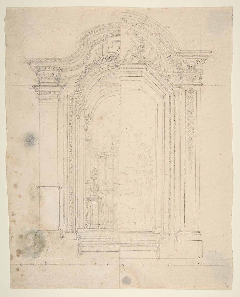 Design for Stage Set, Workshop of Leonardo Marini (Italian, Piedmontese documented ca. 1730–after 1797), Graphite or leadpoint with ruled and compass construction 