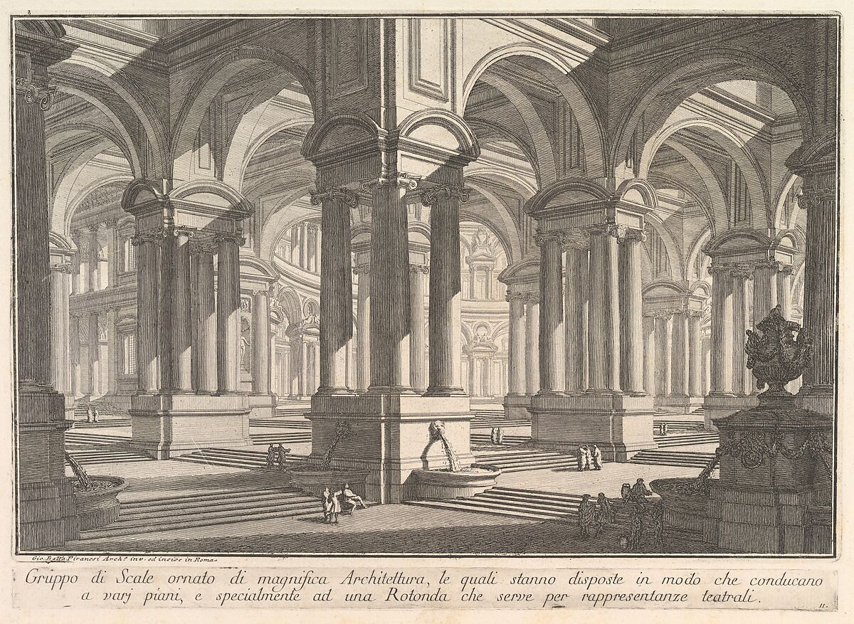 Stairways adorned by magnificient architecture... (Gruppo di Scale ornato di magnifica Architettura...), from "Prima Parte di Architettura, e Prospettive", Giovanni Battista Piranesi (Italian, Mogliano Veneto 1720–1778 Rome), Etching 