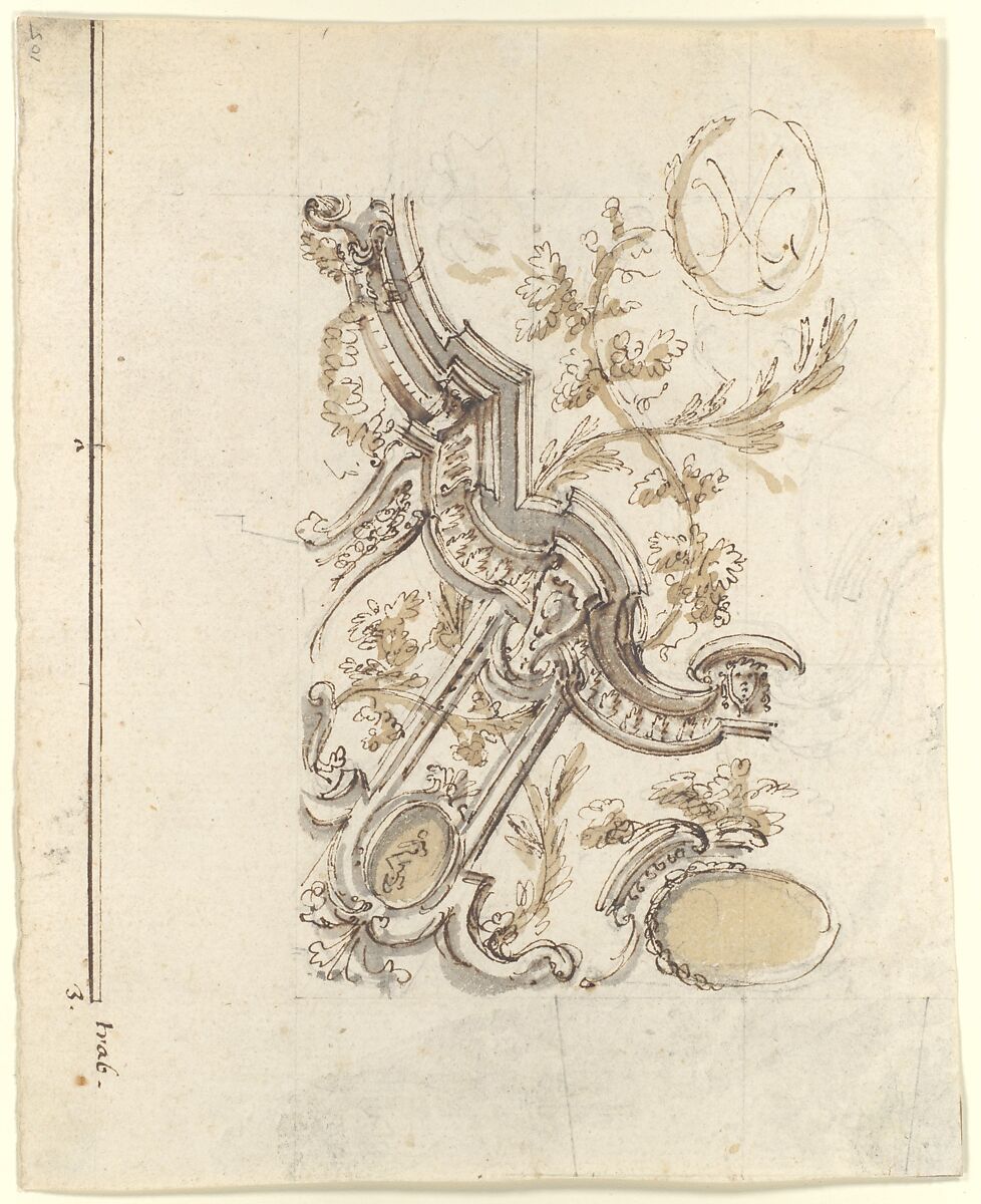 Ornamental Design, Workshop of Leonardo Marini (Italian, Piedmontese documented ca. 1730–after 1797), Pen and brown ink, brush with brown and gray wash, over leadpoint or graphite; with ruled and compass construction