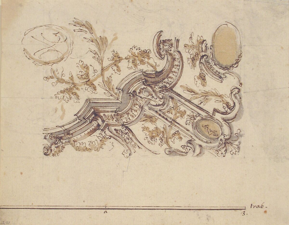 Ornamental Design, Workshop of Leonardo Marini (Italian, Piedmontese documented ca. 1730–after 1797), Pen and brown ink, brush with brown and gray wash, over leadpoint or graphite; with ruled and compass construction
