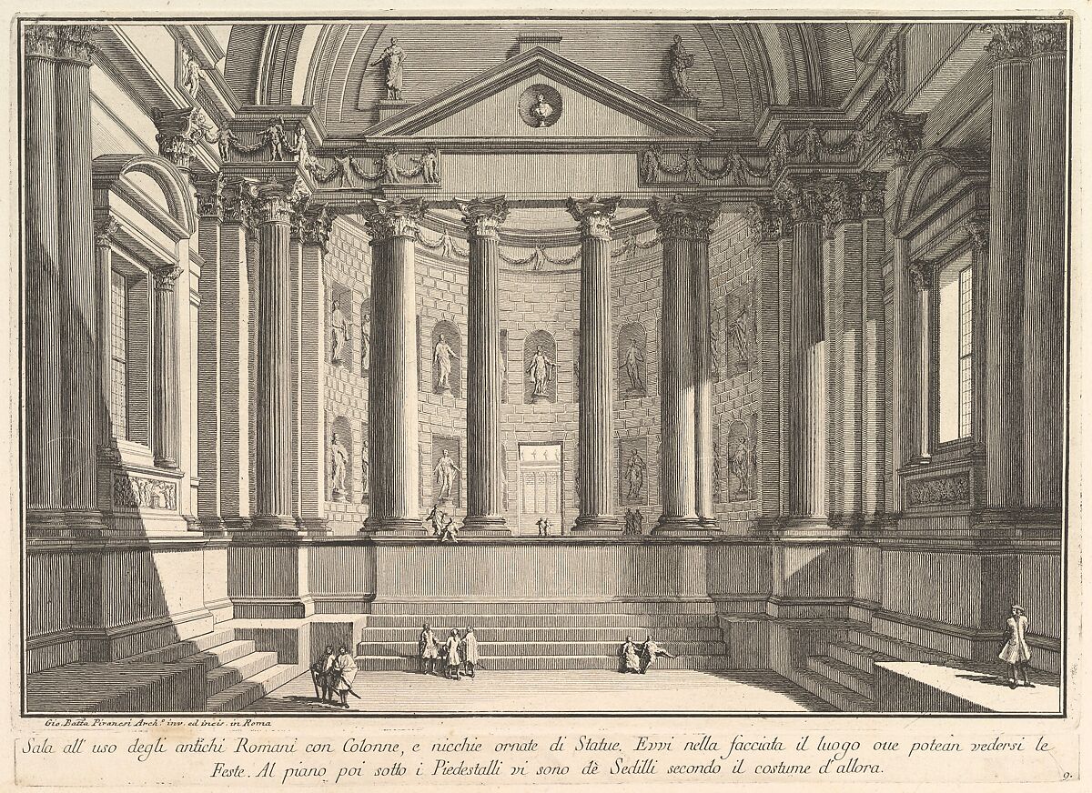 Colonnaded hall according to the custom of the ancient Romans, and niches adorned with statues (Sala all'uso degli antichi Romani con Colonne, e nicchie ornate di Statue), from "Prima Parte di Architettura, e Prospettive", Giovanni Battista Piranesi (Italian, Mogliano Veneto 1720–1778 Rome), Etching 