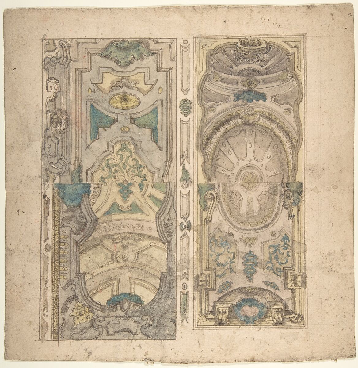 Four Alternate Designs for a Vault, Anonymous, Italian, Piedmontese, 18th century, Pen and brown ink, brush and gray wash and watercolor, over leadpoint or graphite, with ruled and compass construction. Traces of red chalk; framing lines in pen and brown ink 