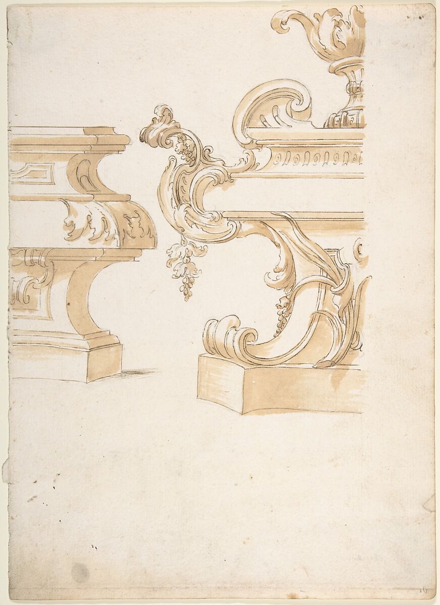 Fragmentary design for Base or Pedestal (?), Anonymous, Italian, Piedmontese, 18th century, Pen and brown ink, brush and brown wash, over leadpoint or graphite, with some ruled construction 