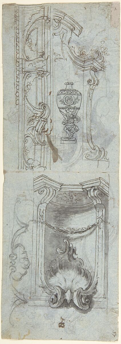 Design of architectural ornaments and an Amphora, Anonymous, Italian, Piedmontese, 18th century, Pen and dark brown ink, brush and gray wash, over leadpoint or graphite, additional traces of black chalk on blue paper (recto and verso) 