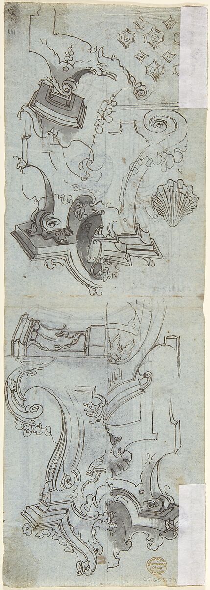 Design of architectural ornaments and an Amphora, Anonymous, Italian, Piedmontese, 18th century, Pen and dark brown ink, brush and gray wash, over leadpoint or graphite, additional traces of black chalk on blue paper (recto and verso)