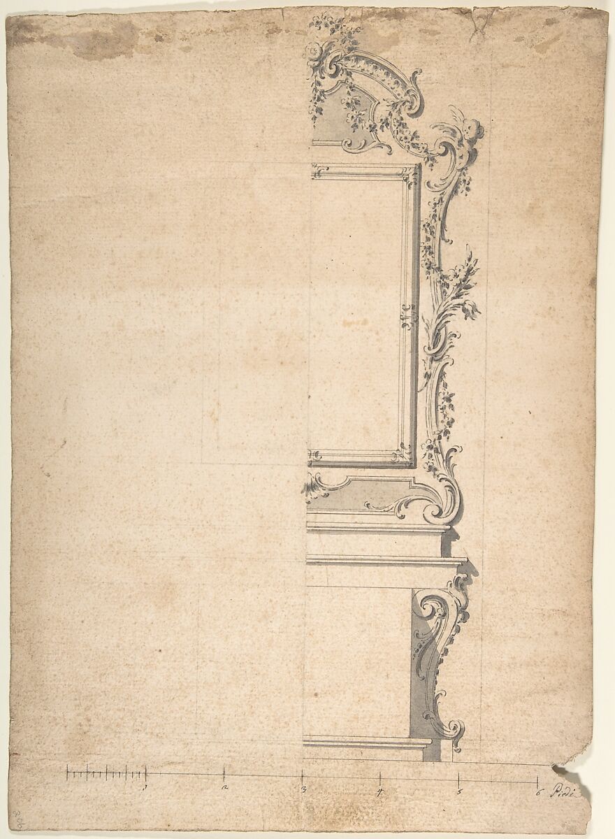 One Half of a Design for a Wall With a Panel or a Mirror, Anonymous, Italian, Piedmontese, 18th century, Pen and black ink, brush and gray wash, over leadpoint or graphite, with ruled and compass construction 