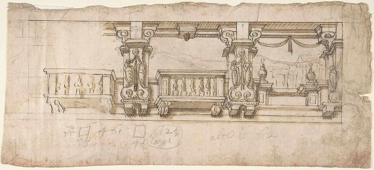 Ornamental Design for a Loggia or Frieze (?), Anonymous, Italian, Piedmontese, 18th century, Pen and brown ink, brush and brown wash, over leadpoint or graphite, with ruled construction 