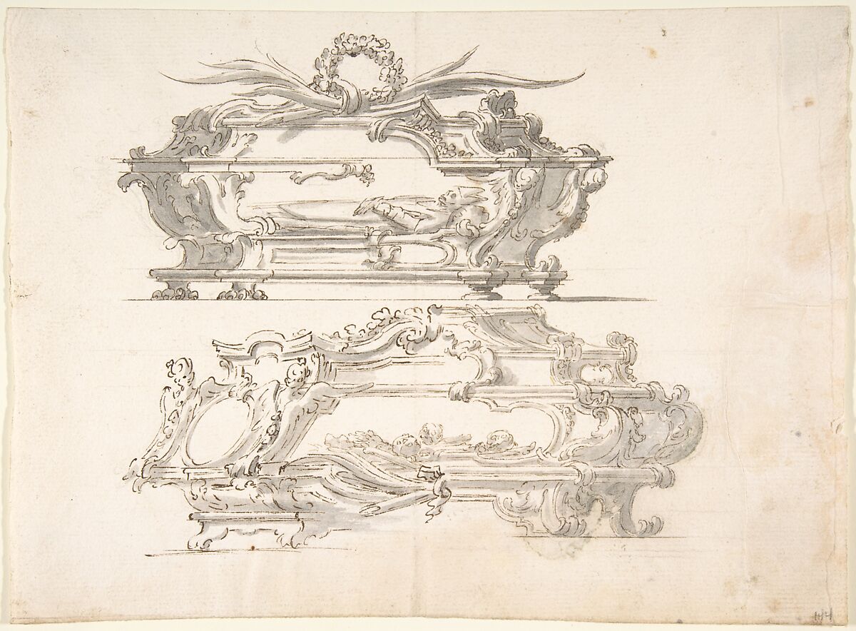 Designs for Two Reliquary Caskets; at top Bishop; at bottom: Skulls and Bones, Anonymous, Italian, Piedmontese, 18th century, Pen and brown ink, brush and gray wash, over leadpoint or graphite with ruled construction (recto). Negligible scribbles in lead point or graphite (verso) 