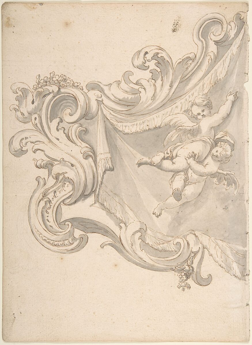 Design for a Crest with Drapery and Two Putti, Anonymous, Italian, Piedmontese, 18th century, Pen and brown ink, brush and gray wash, over leadpoint or graphite 
