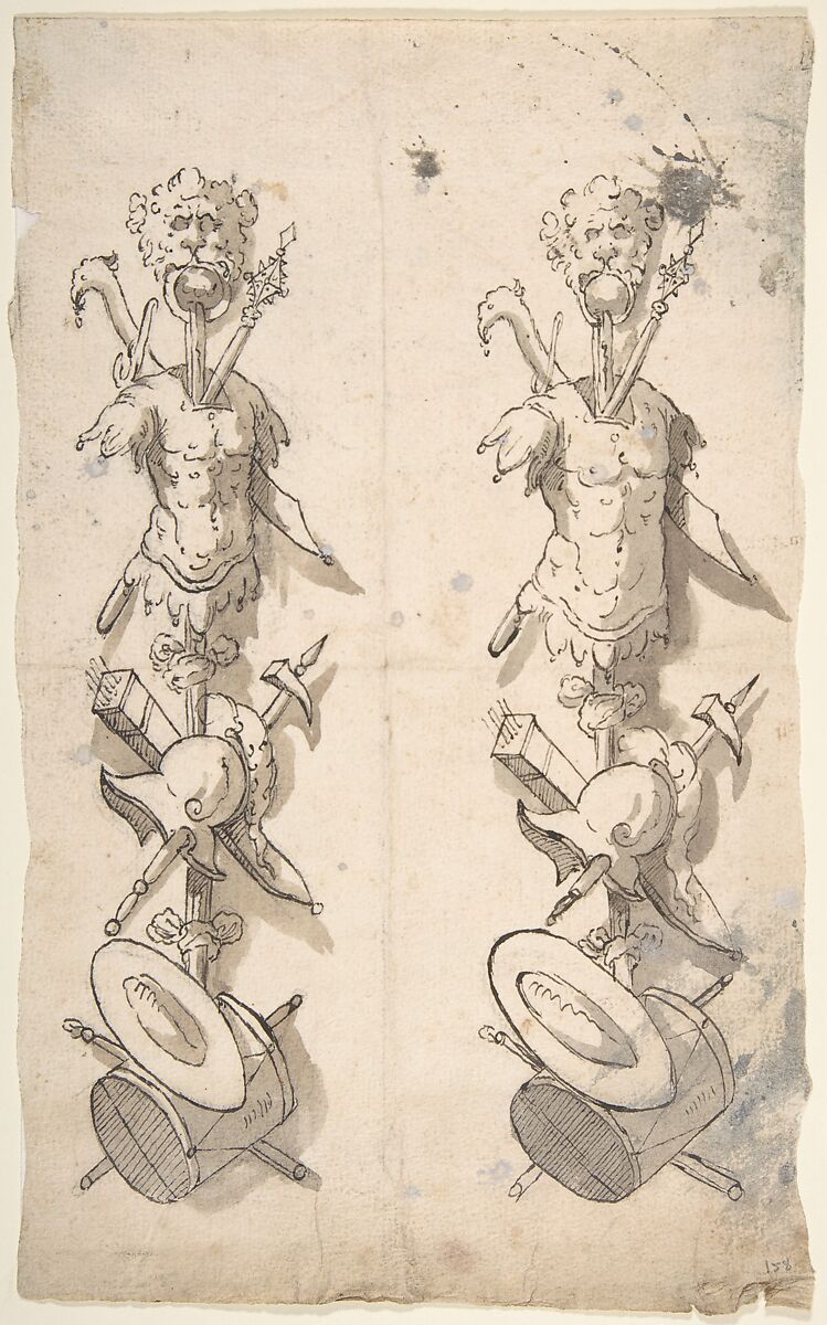 Two Designs for Trophies, Anonymous, Italian, Piedmontese, 18th century, Pen and black ink, brush and gray-brown wash, over leadpoint or graphite 