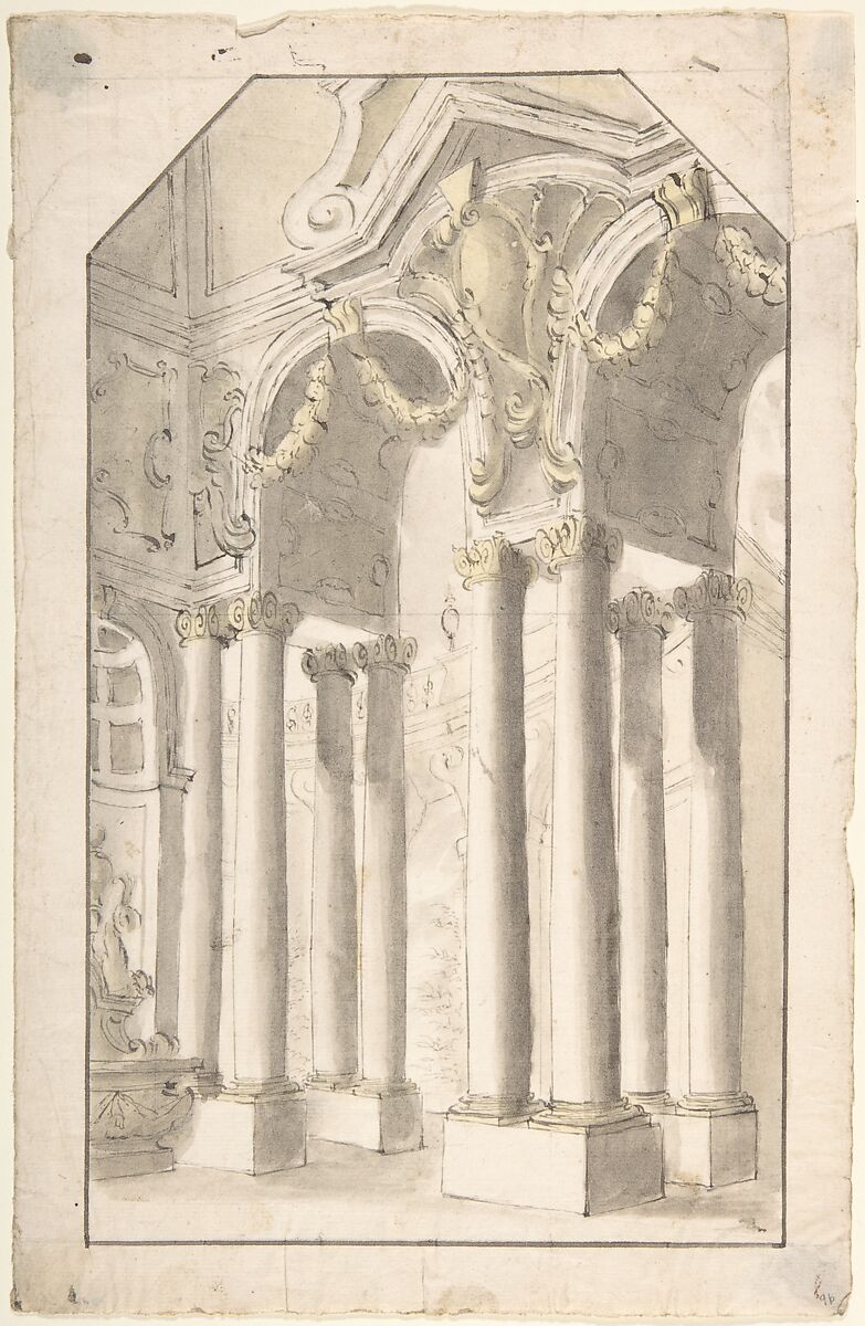 Architectural Perspective: Design for Painted Wall Decoration (?), Anonymous, Italian, Piedmontese, 18th century, Pen and brown ink, brush with gray and yellow wash, over leadpoint or graphite, with ruled construction in leadpoint or graphite; framing outlines in pen and brown ink and leadpoint or graphite 