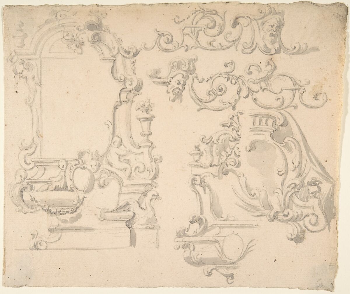 Designs for Wall Ensemble with Scroll and Grotesque Motifs, Anonymous, Italian, Piedmontese, 18th century, Brush and gray wash, over leadpoint or black chalk 