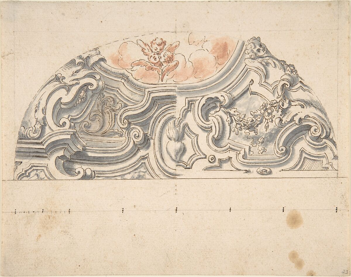 Two projects for stucco for an italian ceiling., Anonymous, Italian, Piedmontese, 18th century, Pen and dark brown ink, brush and gray an red chalk wash over leadpoint or graphite, with ruled and compass construction. Scale at bottom of drawing in pen and brown ink over leadpoint or graphite 