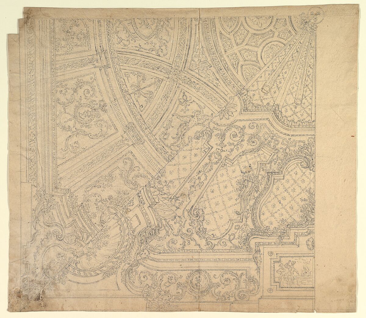 Halved Alternate Designs for a Painting Ceiling, Attributed to Leonardo Marini (Italian, Piedmontese documented ca. 1730–after 1797), Pen and gray ink, over black chalk, with ruled and compass construction 