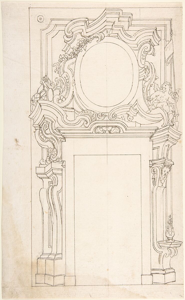 Architectural project for door, Anonymous, Italian, Piedmontese, 18th century, Pen and brown ink over leadpoint, with ruled and compass construction 