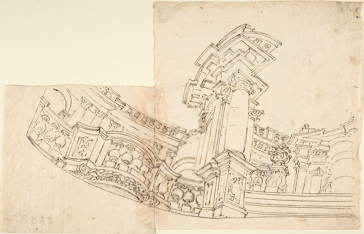 Design for a Balcony, Anonymous, Italian, Piedmontese, 18th century, Pen and brown ink over fine black chalk in two sheets glued together (recto); construction lines in leadpoint (verso) 