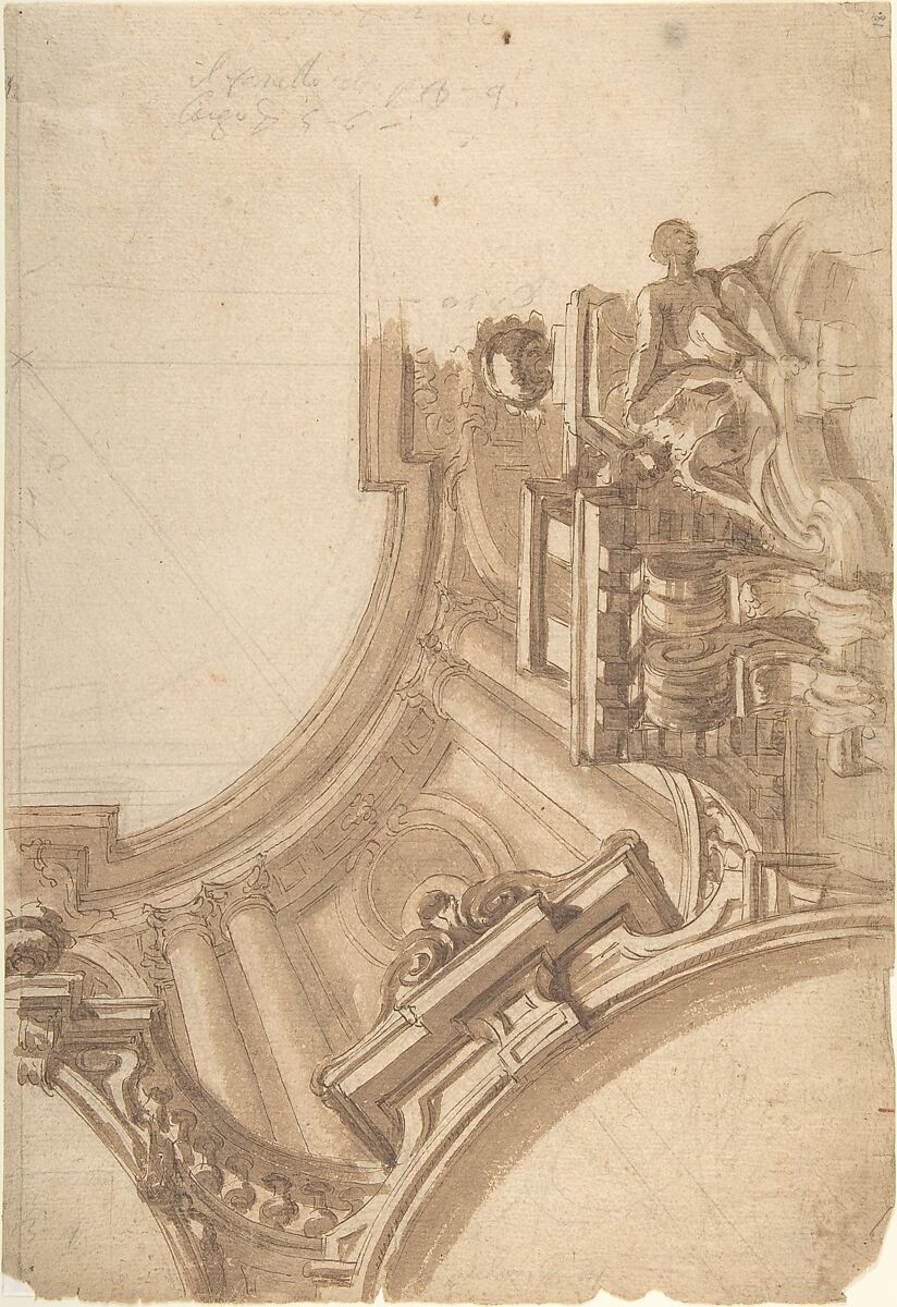Design for a corner of painting ceiling, architectural perspective, Anonymous, Italian, Piedmontese, 18th century, Pen and brown ink, brush and brown wash over leadpoint, with ruled and compass construction (recto); framing lines in leadpoint (verso) 