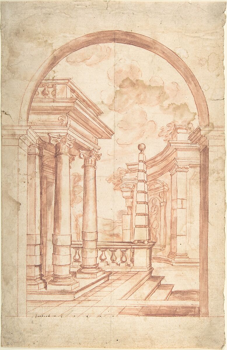 Design of architectural constructions (fantasy), Anonymous, Italian, Piedmontese, 18th century, Red chalk, brush and red chalk wash over leadpoint, with ruled and compass construction. Scale at bottom of drawing in pen and dark brown ink 