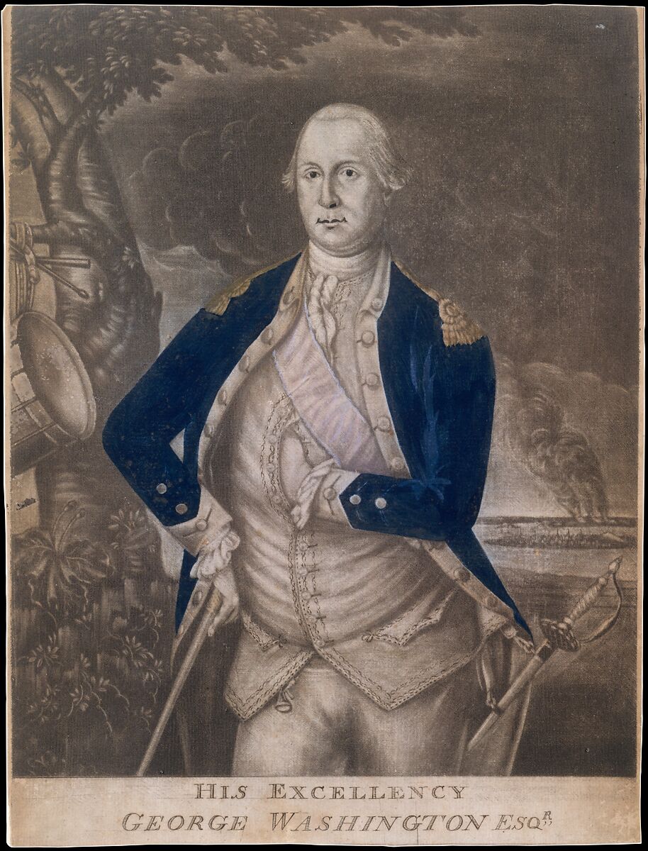 His Excellency George Washington Esq-r., Possibly engraved by Joseph Hiller, Sr. (American, Boston 1747/48–1814 Lancaster, Massachusetts), Mezzotint, with hand coloring 