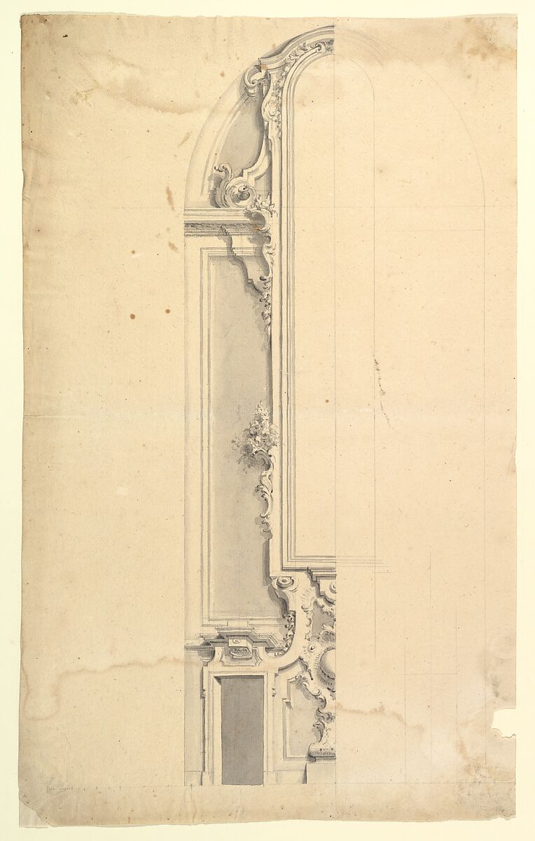 Design for Wall Decoration with Doors on both Sides of a Tall and Narrow Frame, Anonymous, Italian, Piedmontese, 18th century, Graphite, brush and gray wash, with ruled construction 