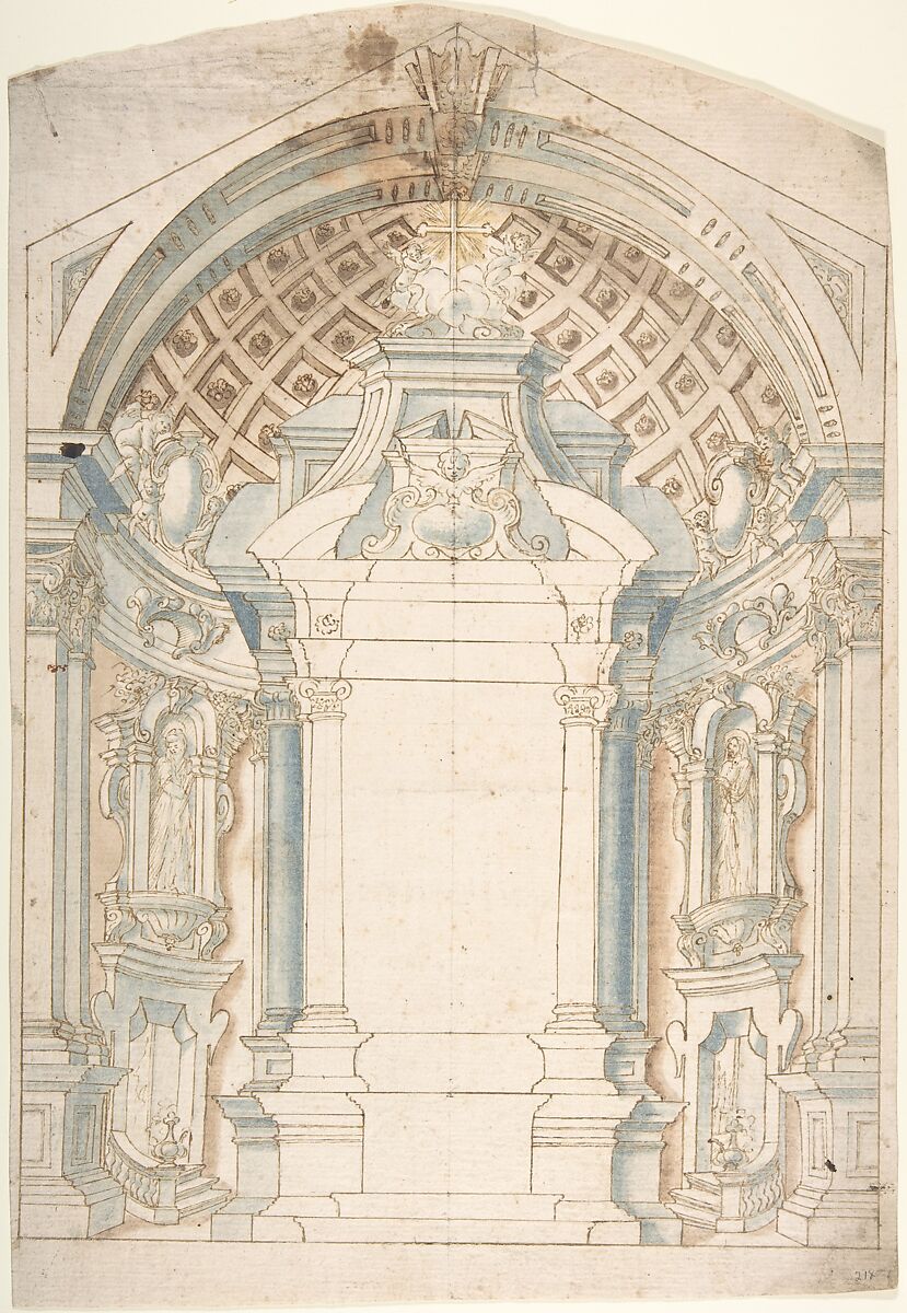 Project for the decoration of an Altar, Anonymous, Italian, Piedmontese, 18th century, Pen and brown ink, brush and brown, blue and yellow wash, over leadpoint, with ruled construction 