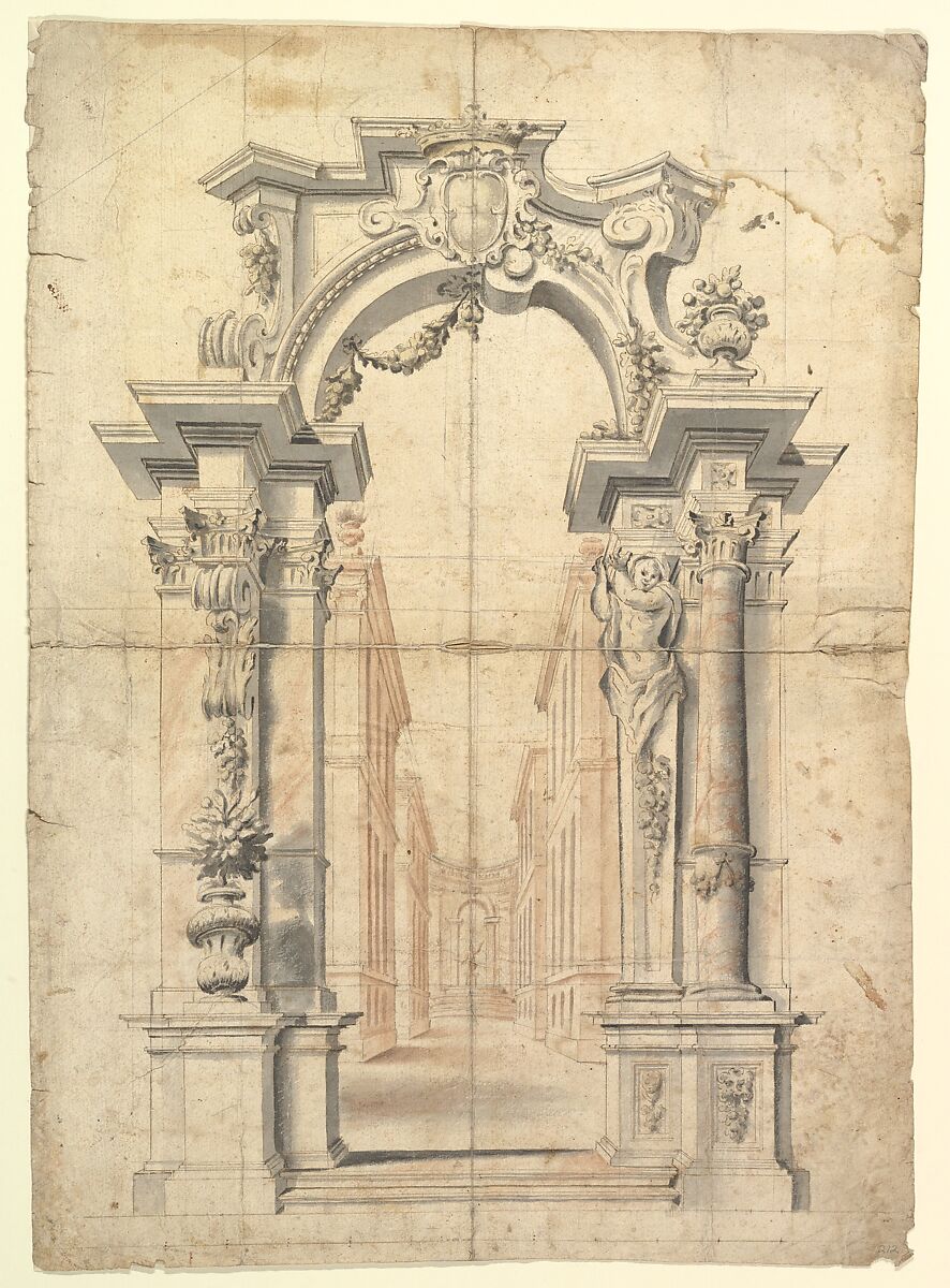 Two One Half Variants of a Design for Painted Wall Decoration with Arch and Perspective View Inside (recto); Negligible diagrams and compass drawn circle (verso), Anonymous, Italian, Piedmontese, 18th century, Pen and brown ink, brush and gray, red-chalk, and yellow wash, over leadpoint or graphite, with ruled construction (recto); compass construction in leadpoint or graphite, at top (verso); scribble in black chalk towards bottom (verso) 
