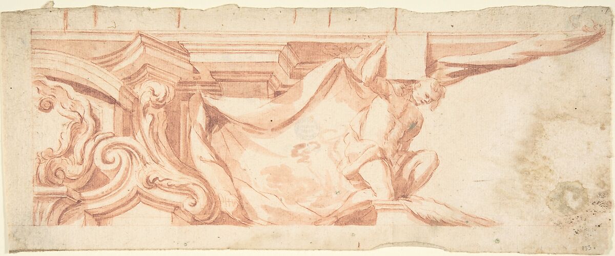 Ornamental Design, Anonymous, Italian, Piedmontese, 18th century, Red chalk, brush and red chalk wash, over framing lines in red chalk 