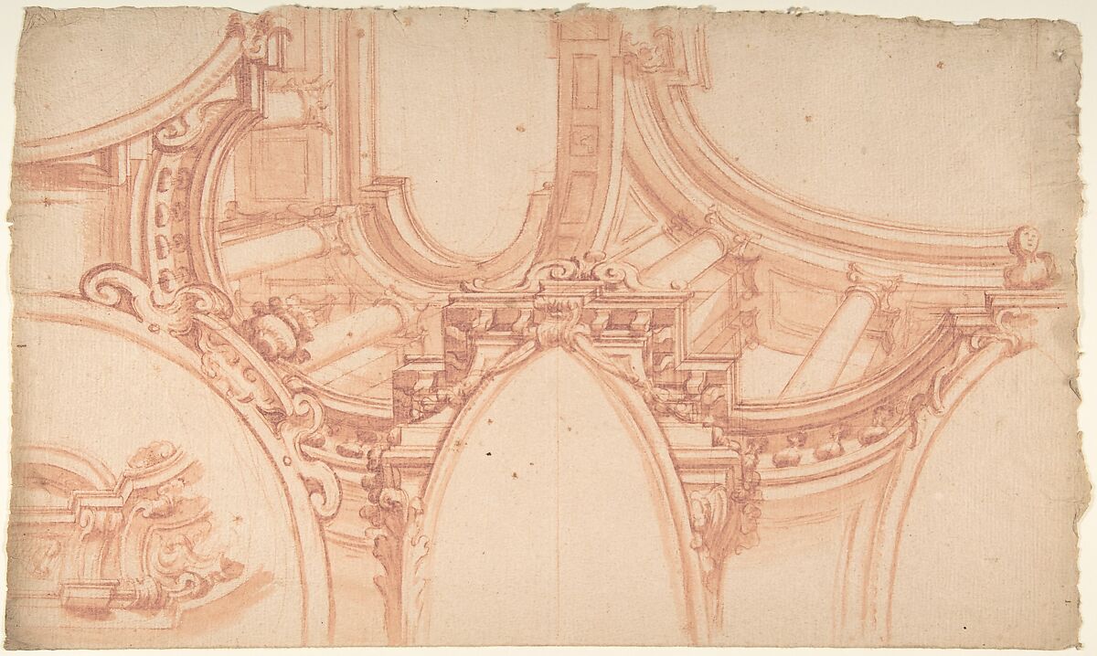 Project for a painting Ceiling, Anonymous, Italian, Piedmontese, 18th century, Red chalk, brush and red chalk wash over red chalk, with ruled and compass construction 