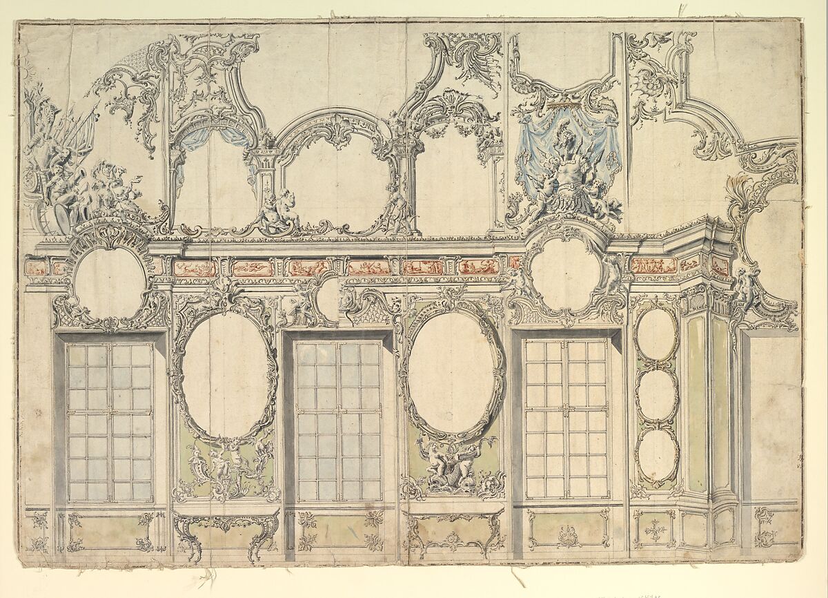 Design for an Interior Wall, Anonymous, Italian, Piedmontese, 18th century, Pen and gray ink, brush with gray wash and watercolor, over graphite or leadpoint, with ruled and compass construction; framing outlines in pen and dark brown ink 