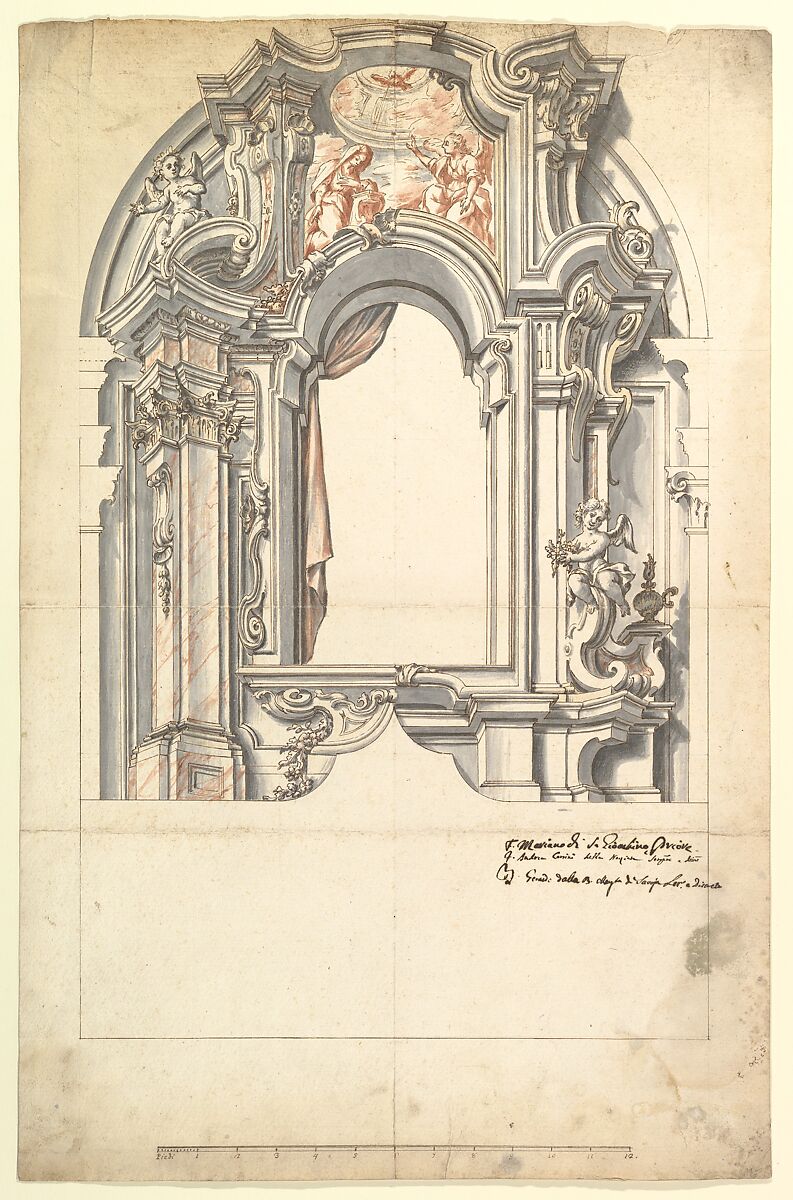 Two Alternate Designs for an Altar (?), Anonymous, Italian, Piedmontese, 18th century, Pen and brown ink, brush with gray and red-chalk wash, over graphite or leadpoint, with ruled and compass construction; framing outlines in pen and brown ink; scale, at bottom, in pen and brown ink 