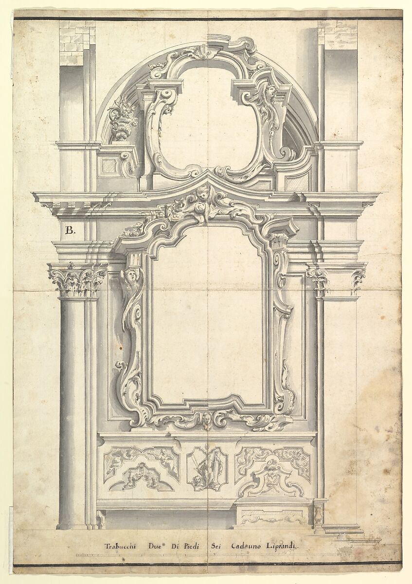 Two Alternate Designs for a Wall with a Frame for a Painting, Anonymous, Italian, Piedmontese, 18th century, Pen and gray ink, brush and gray wash, over graphite or leadpoint, with ruled and compass construction; framing outlines in pen and dark gray ink; scale, at bottom, in pen and gray ink 