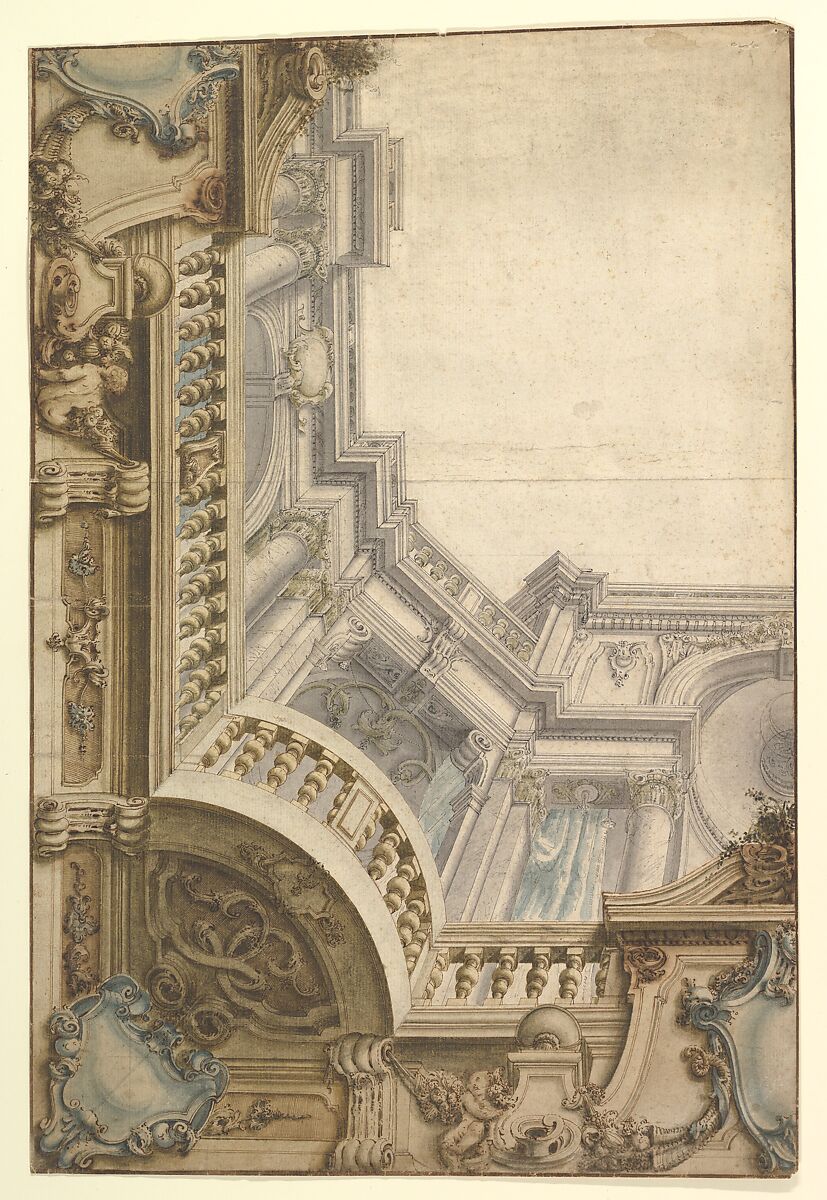Design for Corner of Painting Ceiling with architectural perspective, Anonymous, Italian, Piedmontese, 18th century, Pen and brown ink, brush with gray wash and watercolor, over graphite or leadpoint, with ruled and compass construction 