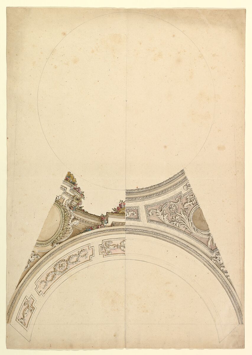 Design for Ceiling, Workshop of Leonardo Marini (Italian, Piedmontese documented ca. 1730–after 1797), Brush with brown, red, and green watercolor, over leadpoint or graphite; ruler and compass constructed 