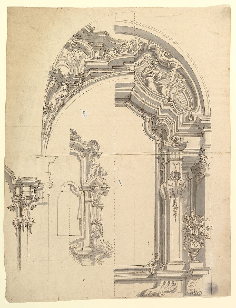Design for an Altar, Anonymous, Italian, Piedmontese, 18th century, Pen and brown ink, brush and gray wash, over leadpoint or graphite with ruled and compass construction; framing outlines in pen and brown ink (recto); ornaments with leadpoint or graphite (verso) 