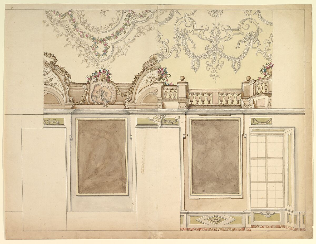 Two  Alternate Elevations for an Interior Wall, Anonymous, Italian, Piedmontese, 18th century, Pen and gray ink, brush and watercolor over graphite, with ruled and compass construction 