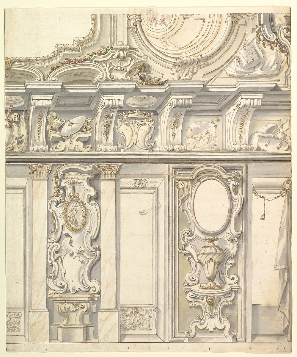 Design for Elevation for Elaborate Wall and Vault with the Savoya Arms, Anonymous, Italian, Piedmontese, 18th century, Pen and brown ink, brush with gray wash and watercolor, over leadpoint or graphite, with ruled and compass construction; scale, at bottom, in pen and brown ink; framing outlines in pen and dark brown ink 
