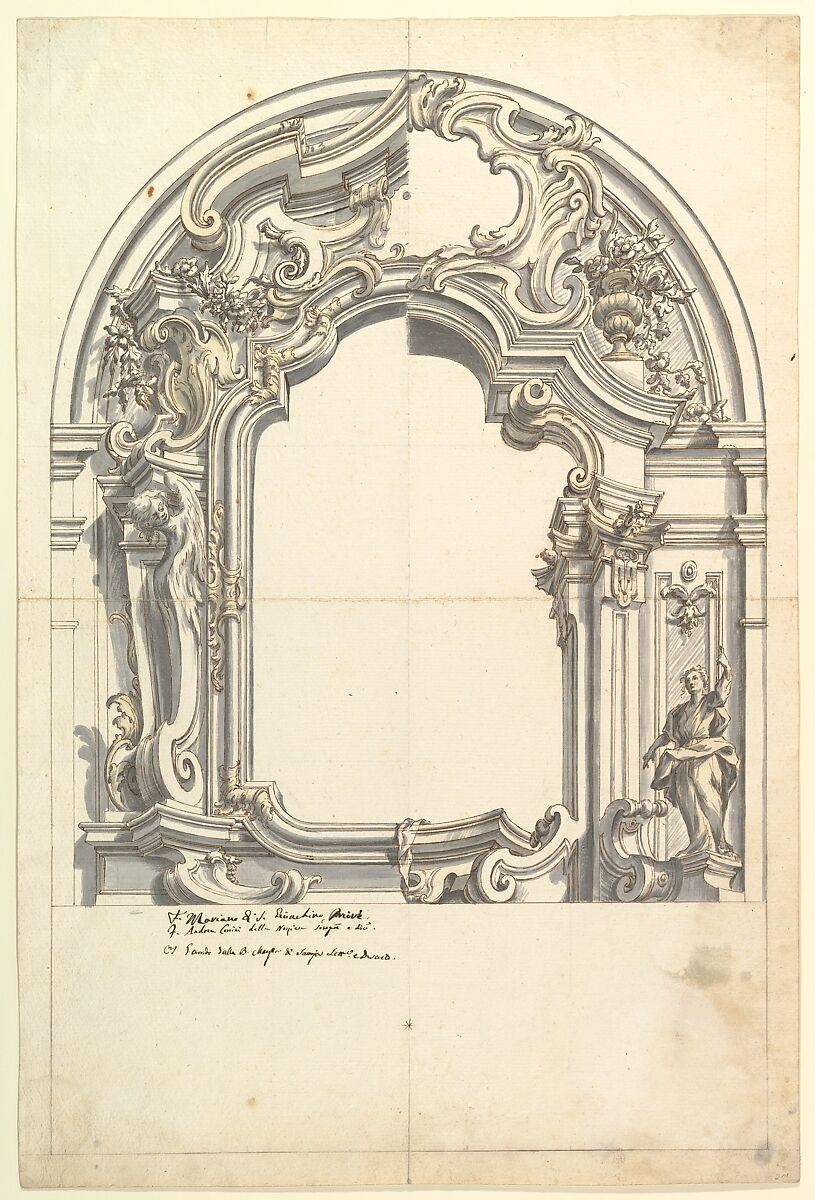 Two Alternate Designs for a Frame or an Altar (?), Anonymous, Italian, Piedmontese, 18th century, Pen and brown ink, brush with gray and light brown wash, over leadpoint or graphite, with ruled and compass construction; framing outlines in pen and brown ink over graphite or lead point 