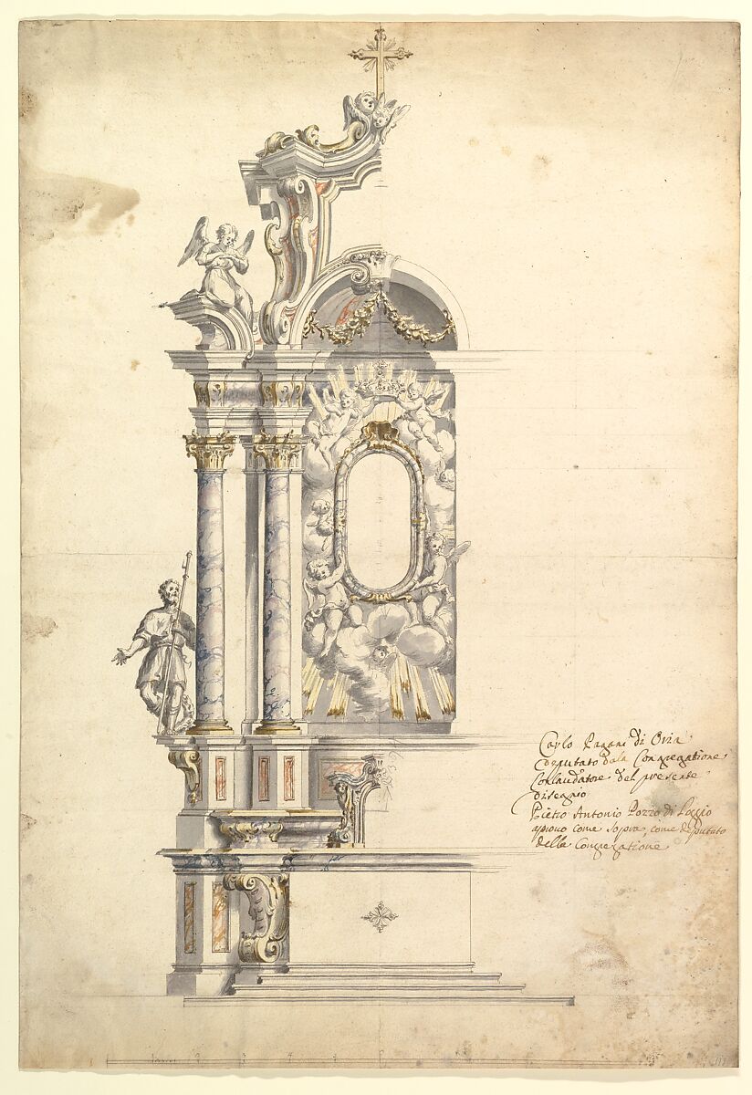 Design for an Altar, Anonymous, Italian, Piedmontese, 18th century, Pen and brown ink, brush and gray wash with watercolor, over leadpoint or graphite, with ruled and compass construction; scale, at bottom, in pen and brown ink 