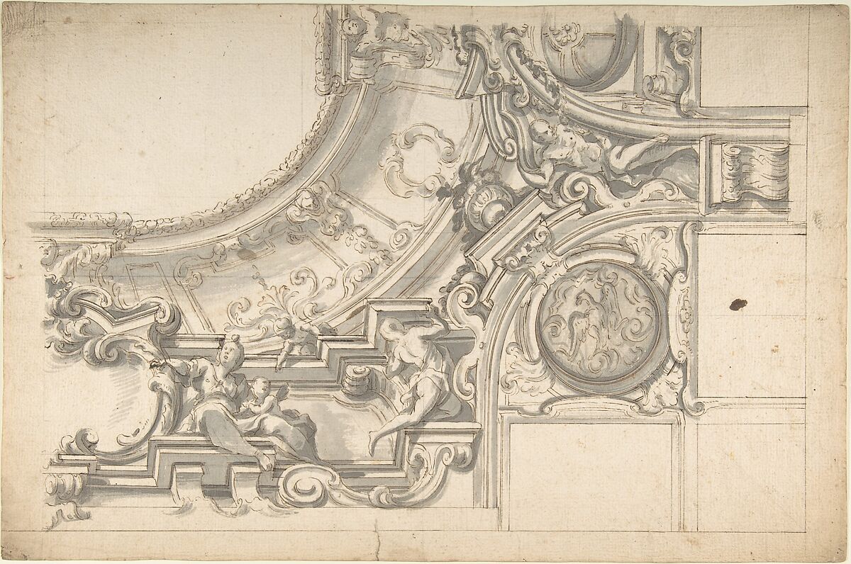 Design for half Ceiling in stucco, Anonymous, Italian, Piedmontese, 18th century, Pen and brown ink, brush and gray wash over graphite, with ruled and compass construction 