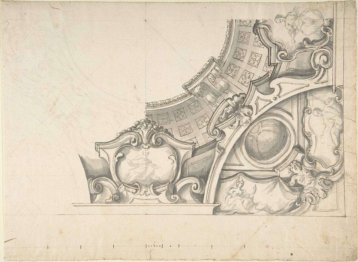 Design for a Ceiling, Anonymous, Italian, Piedmontese, 18th century, Pen and brown ink, brush and gray wash over leadpoint, with ruled construction 