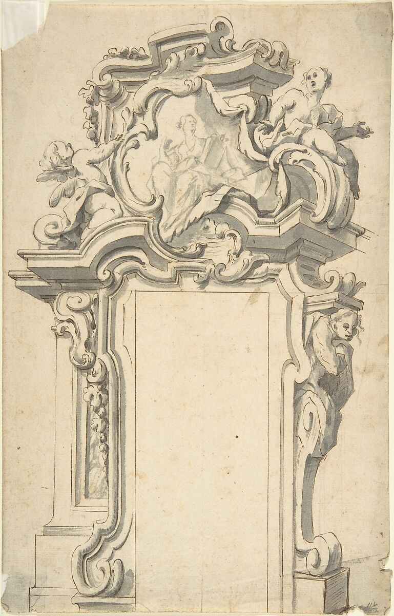 Two alternate Designs for a frame of door, Anonymous, Italian, Piedmontese, 18th century, Pen and brown ink, brush and gray wash over leadpoint, with ruled and compass construction 